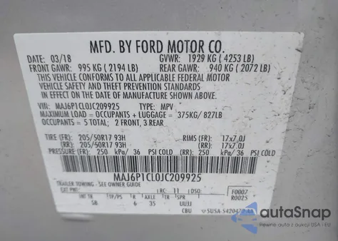 2018 Ford Ecosport Ses z USA, uszkodzony, nr VIN MAJ6P1CL0JC209925